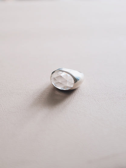 Oval sphere rose cut rock crystal ring