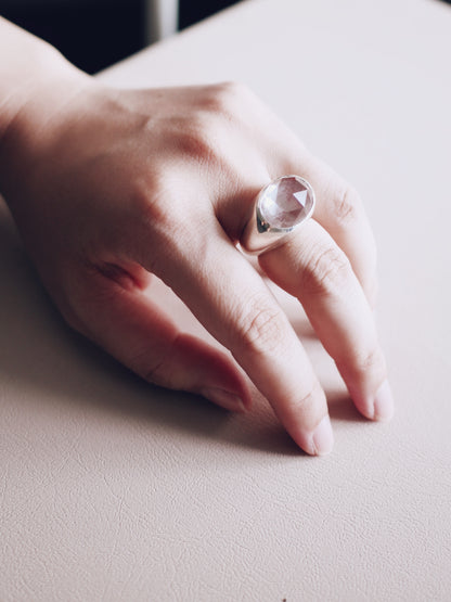 Oval sphere rose cut rock crystal ring